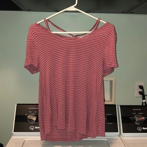 dark pink striped top with a keyhole in the back.